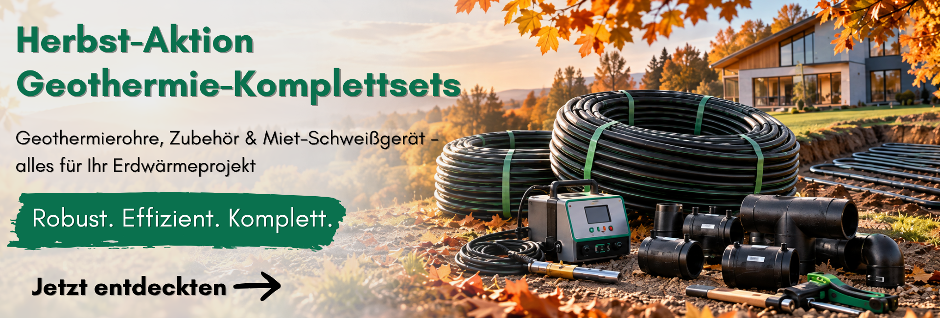 Geothermie-Komplettsets mit PE100-RC-Rohren, Schweißgerät und Fittings vor herbstlicher Landschaft.