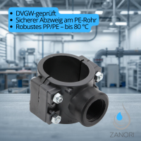 PP Anbohrschelle für PE-Rohr Ø75 mm – 1 1/4" Innengewinde – 4 Schrauben – ohne Verstärkung