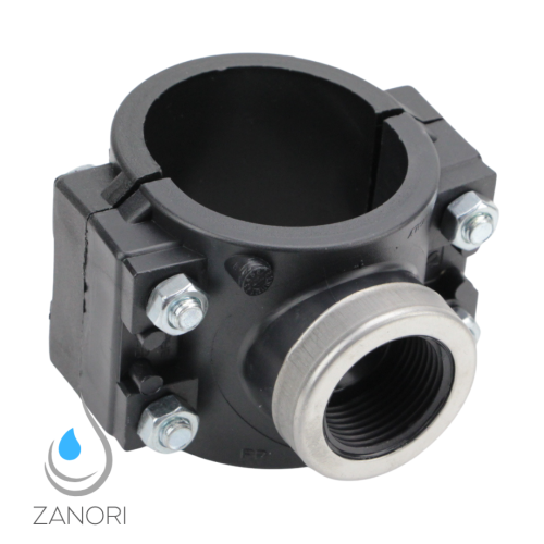 PP Anbohrschelle für PE Rohr mit Innengewinde – 4 Schrauben – verstärkte Abzweigschelle Ø63x1/2"