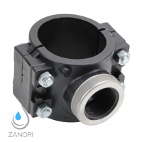 PP Anbohrschelle mit 4 Verschraubungen für PE-Rohr Ø75 mm – 3/4" Innengewinde – mit Verstärkung