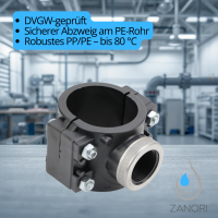 PP Anbohrschelle für PE Rohr mit Innengewinde – 4 Schrauben – verstärkte Abzweigschelle Ø90x1/2"