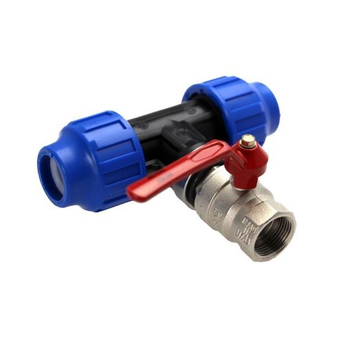 IBC Tankverbinder T-Stück PE 25–63 mit Kugelhahn IG 1/2"–2" – Anschluss für PE Rohrsysteme PE 63 auf 2"
