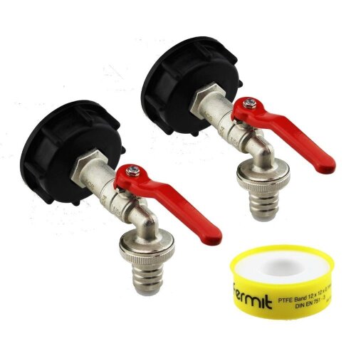 IBC 2x Auslaufhahn S60x6 mit Kugelhahn 1/2" + PTFE Dichtband – Tank Anschluss Set